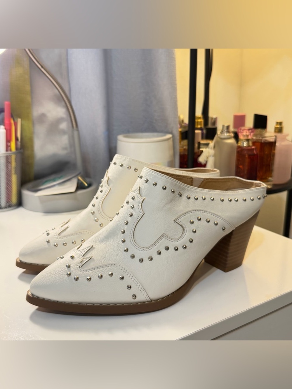 White Studded Western Mule Heels - Women